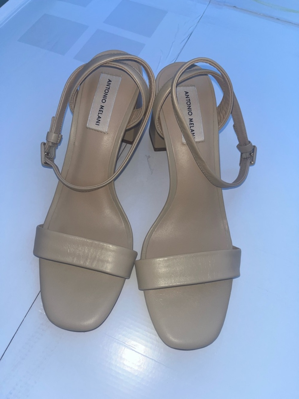 ANTONIO MELANI Nude Beige Ankle-Strap Block Heel Sandals